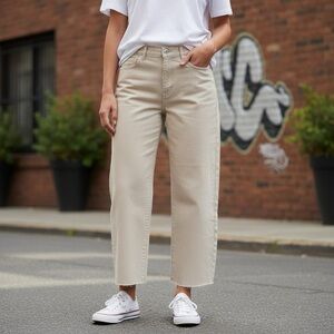 MANGO MNG Denim Rachel High Rise Loose Fit Crop Barrel Jeans - Beige US 12